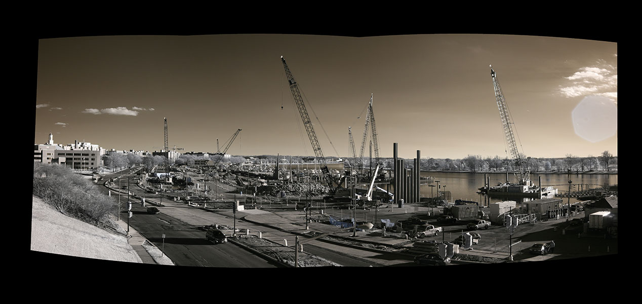 Infrared Panorama of Large Construction Site on a Waterfront.